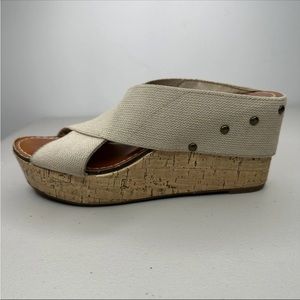Madeline Adonis Wedge Sandal 7.5 M Cream Tan Peep Toe Canvas Cork Heel Shoe